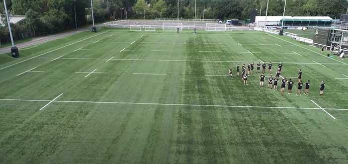 rugby pitch with players from bird eye view