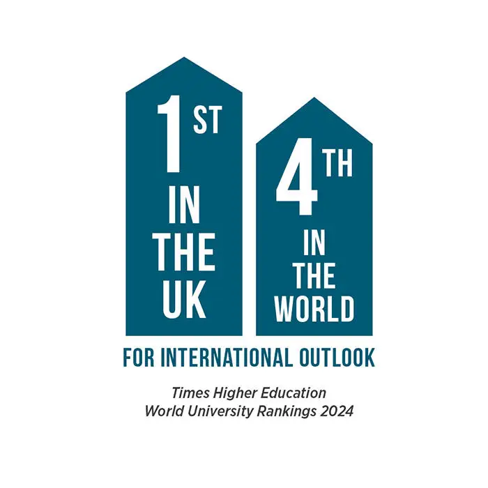 Infographic about Brunel University's London ranking saying 1st in the UK and 4th in the world for international outlook in THE Ranking