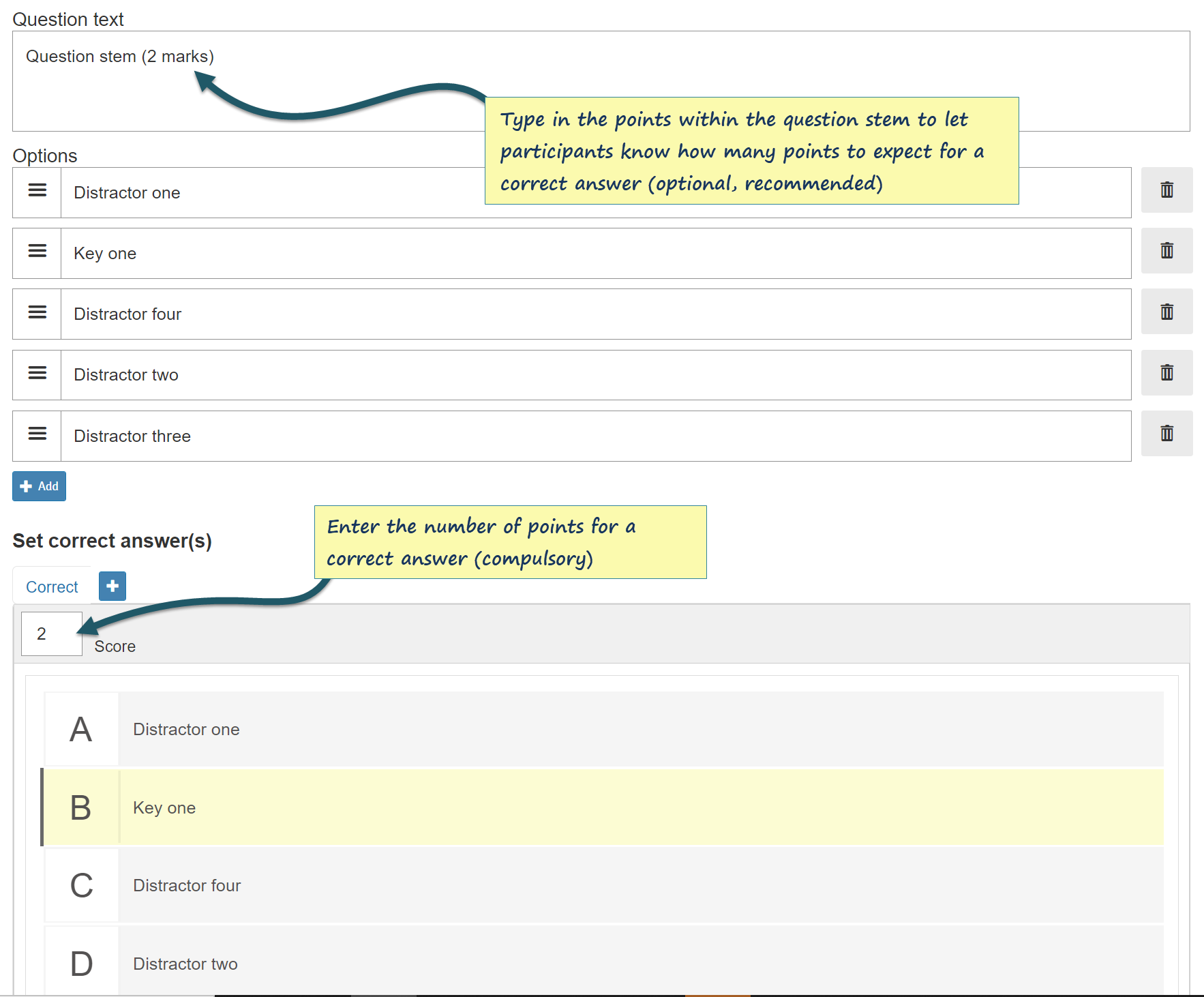 Setting points for the answers to a question on WISEflow