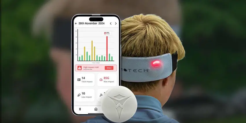 DyamoTech app displaying data monitoring head injuries during sport with a model showing how to wear the headband